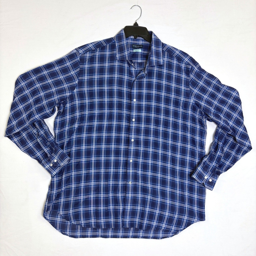 Peter Millar Summer Boucle Plaid Shirt Mens XXL Blue Long Sleeve Lightweight